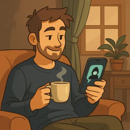 Hombre barbudo sentado cómodamente en un sillón, sosteniendo una taza de café humeante en una mano y un smartphone en la otra. Sonríe mientras mira la pantalla, donde aparece una silueta anónima. El ambiente interior es cálido, con una planta, una cortina y una ventana al fondo.
