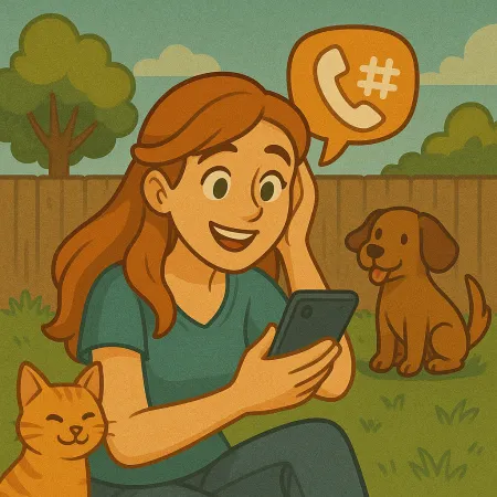 Mujer pelirroja sentada sobre la hierba en un jardín, sonriendo mientras mira su smartphone. Un gato naranja está acurrucado contra ella y un perro marrón está sentado cerca. Una burbuja de diálogo con un ícono de teléfono y un signo de número flota sobre ella, sugiriendo una conversación telefónica.