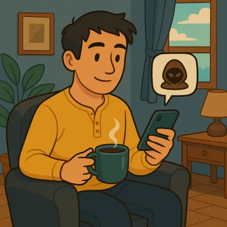 Hombre sentado cómodamente en un sillón, sosteniendo una taza de café humeante y consultando su smartphone, con un globo de mensaje mostrando un ícono de máscara anónima o de hacker, en una sala acogedora con ventana, lámpara y planta.