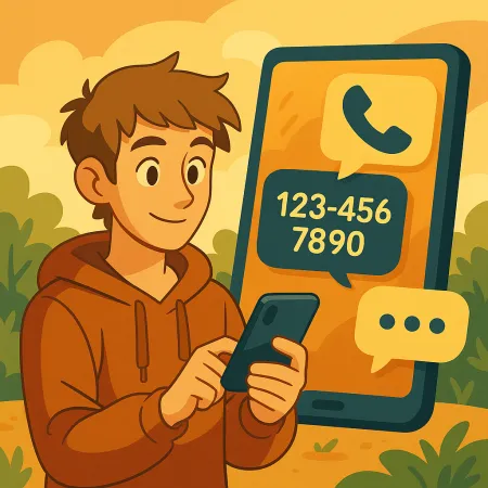 Joven sonriente con sudadera con capucha usando su smartphone, con una gran pantalla de teléfono de fondo mostrando un ícono de llamada y un número de teléfono ficticio (123-456-7890), en un entorno exterior estilizado y cálido.