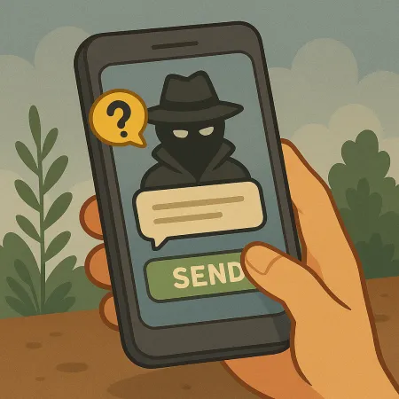 Mano sosteniendo un smartphone que muestra un personaje enmascarado con impermeable y sombrero, representando a un remitente anónimo. Una burbuja de diálogo con un signo de interrogación es visible, así como un botón verde marcado 'ENVIAR', sugiriendo el envío de un mensaje anónimo.