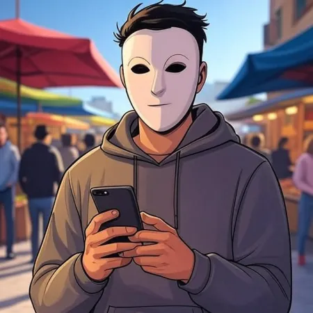 Un joven de estilo animado con una máscara blanca y una sudadera gris con capucha, mirando su teléfono en un mercado al aire libre.