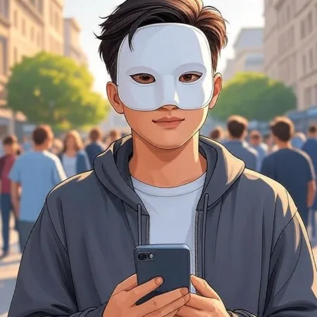 Un joven de estilo anime con una máscara blanca y una chaqueta con capucha gris, mira a la cámara mientras sostiene un smartphone en una calle concurrida.