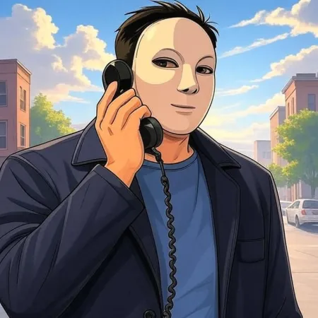 Un hombre con una máscara blanca, un abrigo oscuro y una camiseta azul, habla en el receptor de un teléfono negro antiguo, con una calle de la ciudad de fondo.