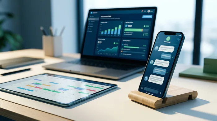 Una imagen dividida en dos partes que muestra un celular: a la izquierda, una interfaz de mensajería con una opción para programar el envío, y a la derecha, una notificación de recordatorio sobre un escritorio de madera.