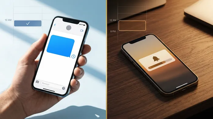 Un celular que muestra una aplicación de mensajería apoyado en el mostrador de una peluquería, de madera clara, acompañado de tijeras profesionales y productos de belleza en el fondo.