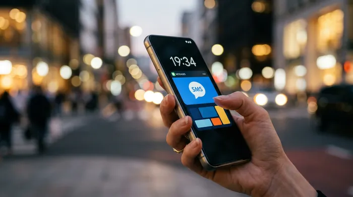 Una persona sosteniendo un celular que muestra una aplicación de mensajería, sentada en un escritorio con una notebook, un anotador y una taza de café.