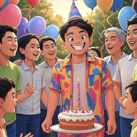 Niño sonriente con sombrero de fiesta sosteniendo un pastel con una vela única, rodeado de invitados y globos de colores al aire libre.