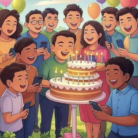 Grupo de personas sonrientes rodeando un gran pastel de dos pisos con varias velas encendidas, mientras toman fotos con sus teléfonos.