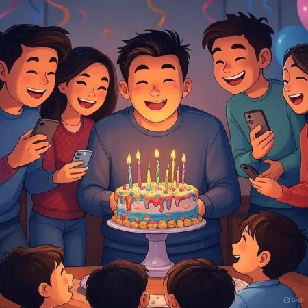 Ilustración de un cumpleaños donde un hombre sonriente sostiene un pastel decorado con velas encendidas, rodeado de amigos y seres queridos que toman fotos con sus teléfonos.
