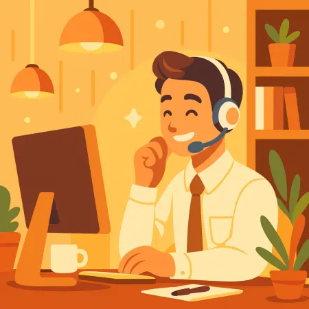 Ilustración de un hombre sonriente con auriculares trabajando en una computadora de escritorio en un entorno cálido y acogedor con plantas y una taza de café